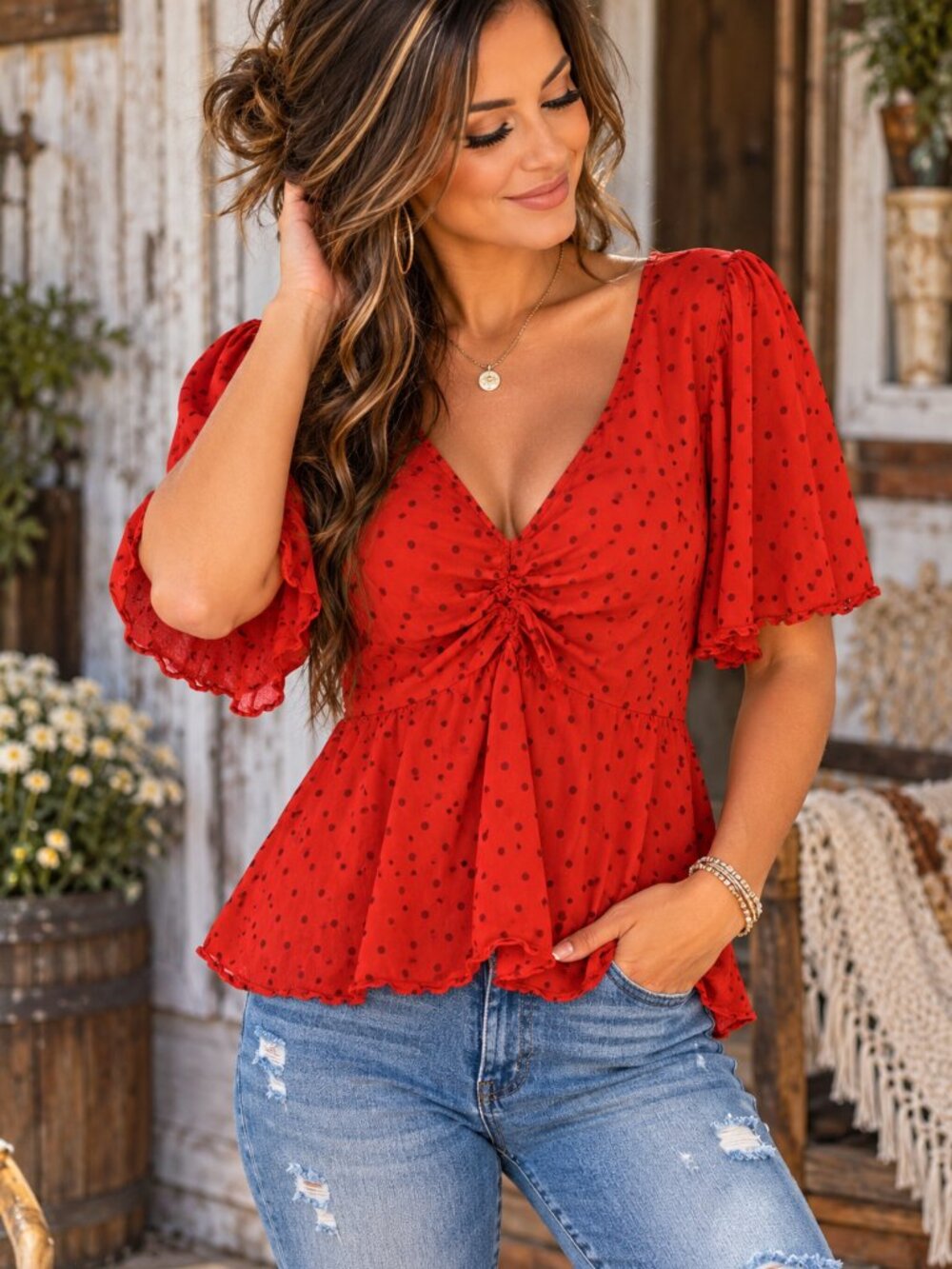 A New Day Womens M Red Black Polka Dot Peplum Tie Back V Neck Blouse Number: 285